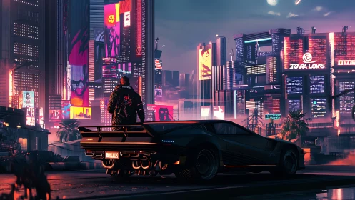 Cyberpunk street scene with parked car and neon skyline.