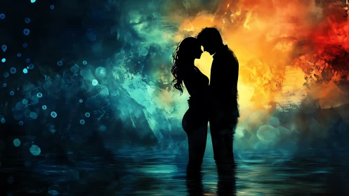 Two Silhouettes Embrace Within Cascading Fire and Frost.