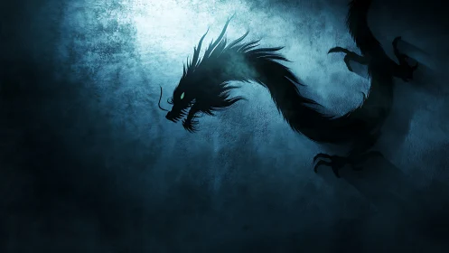 Shadow dragon silhouette coils through moody blue mist.