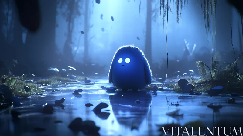 Glowing creature on misty forest pond at nightfall.
