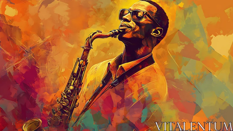 Digital painting portrait of jazz saxophonist in vivid chroma fields.