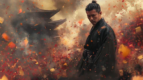 Samurai stands amid burning embers and ruined temple scene.
