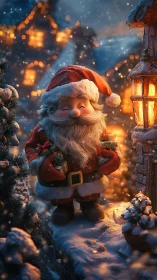 Stylized Santa figurine with gifts in snowy village at dusk