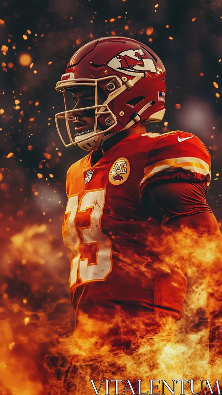 Football quarterback stands in blazing cinematic firestorm.