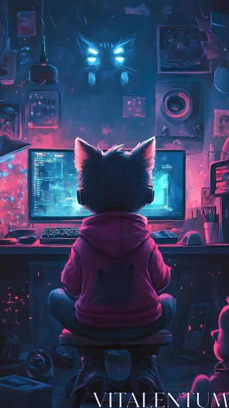 Neon-lit feline coder in cybernetic workstation immersion.