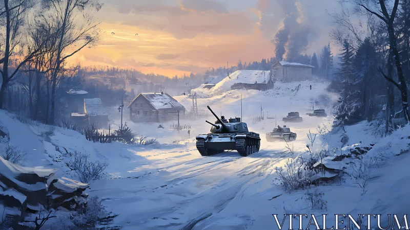 Armored column advances through snowbound village at winter sunrise
