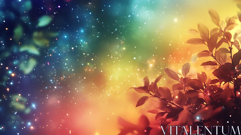 Digital painting of cosmic bokeh sky with luminous foliage foreground.