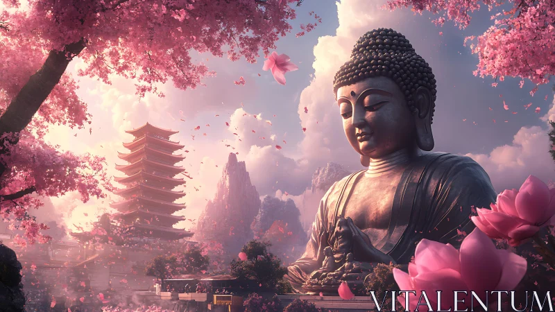 Serene Buddha statue amid cherry blossoms in cinematic dawn light