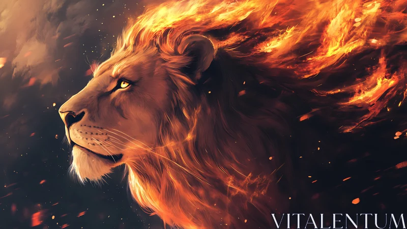 Lion profile with fiery mane in dark atmospheric setting.