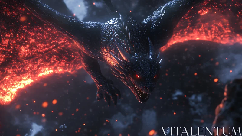 Molten-winged dragon dives through embers and smoke at night.