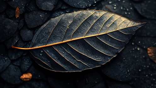 Golden veins on midnight leaf, a quiet glow in darkness.