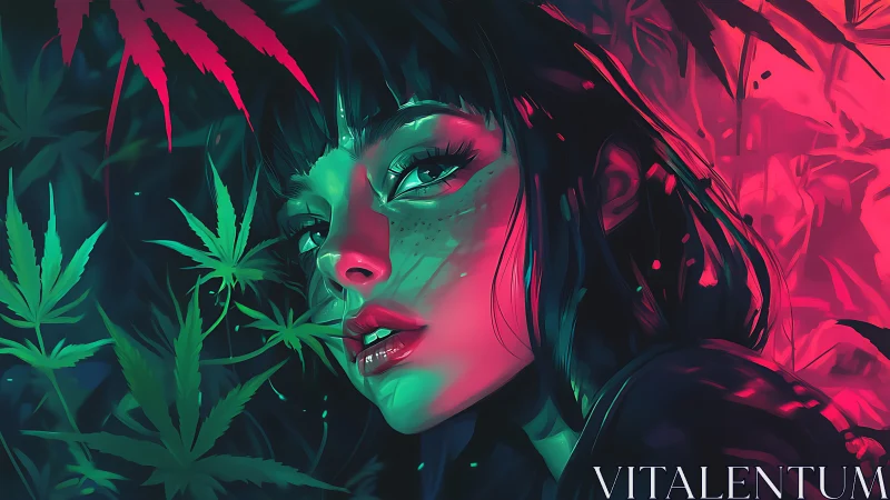 Moody neon portrait of woman framed by cannabis leaves.