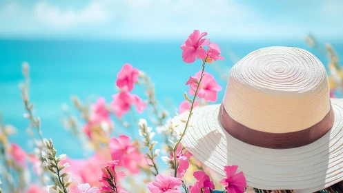 Straw Hat Amid Pink Flowers Overlooking Turquoise Sea.