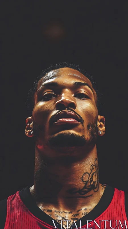 Arena-lit resolve on a tattooed baller’s focused stare.