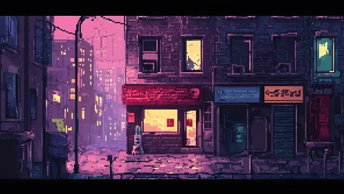 Neon-lit pixel street scene captures moody cyberpunk twilight
