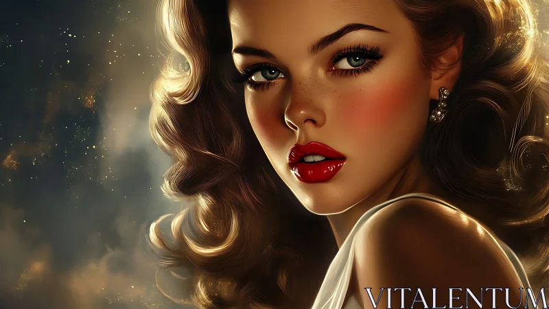 Retro glam portrait of woman with glossy red lips.