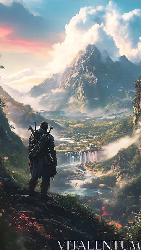 Armored wanderer surveying vast misted valley and waterfalls
