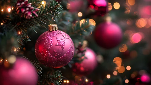 Pink glass bauble glows on evergreen branch with warm lights