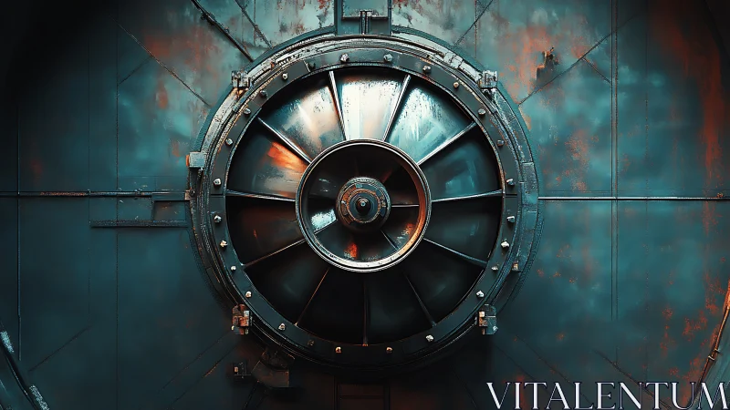 Industrial metal turbine vent dominates centered blue panel