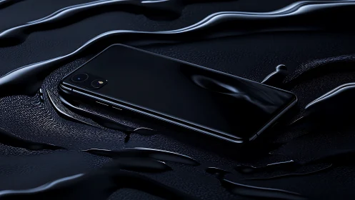 Black smartphone on dark reflective liquid surface.