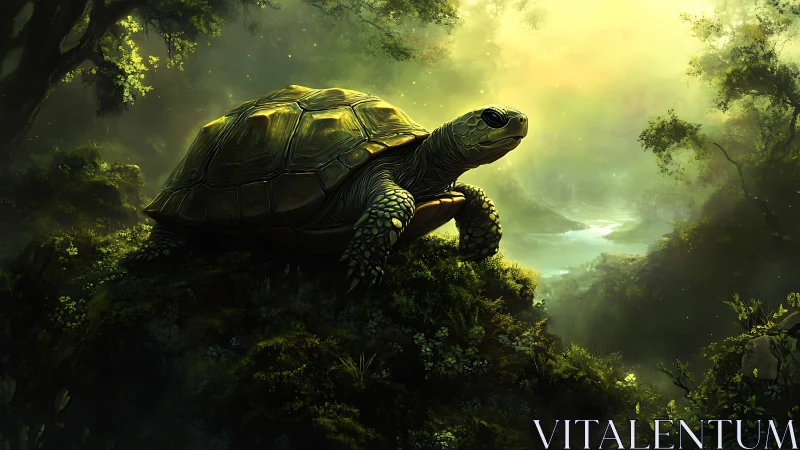 Turtle stands on mossy ridge under glowing forest light