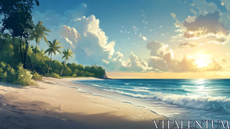 Tropical beach shoreline under calm sunrise light.