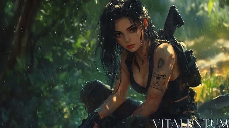 Rain-soaked tactical heroine rendered in high-detail digital art