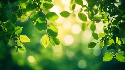 Sunlit Green Leaves Close-Up with Soft Bokeh Effect, Nature Style.
