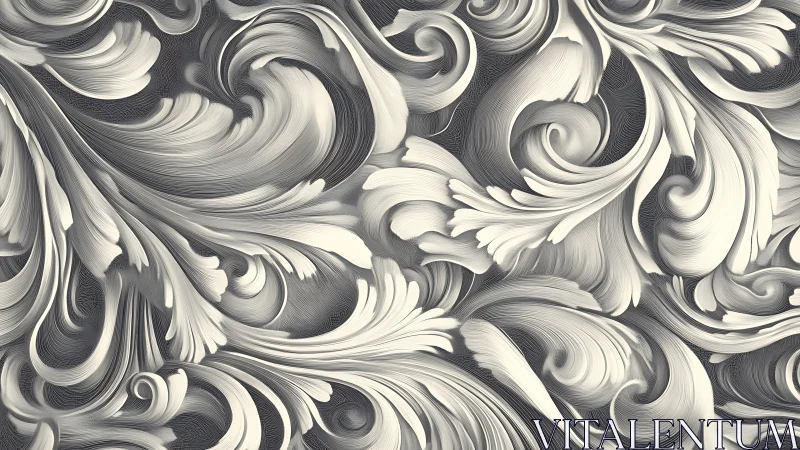 Monochrome baroque scrollwork in flowing digital relief pattern.