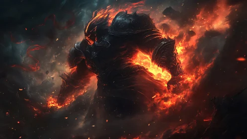 Infernal armored titan emerging from turbulent volcanic fire.