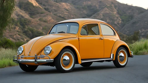 Vintage yellow compact car parked on mountain roadway.