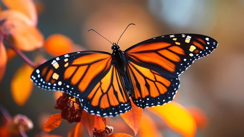 Monarch wings blaze like stained glass over autumn embers
