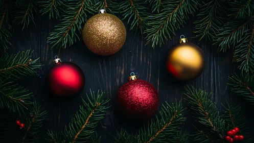 Christmas ornaments with evergreen branches on dark wood.