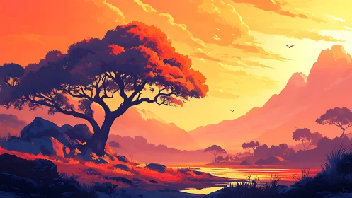 Silhouetted tree by river under orange sunset sky.