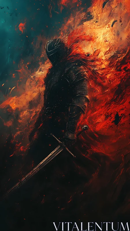 Armored flamebound warrior emerging through infernal blaze.