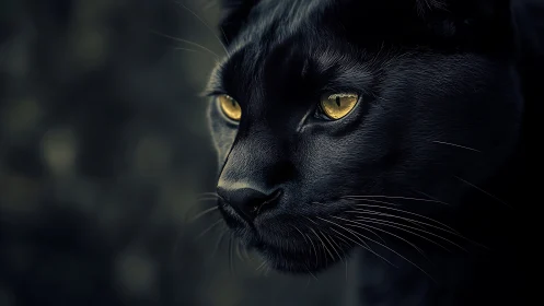 Black panther head with golden eyes in shadowed profile view