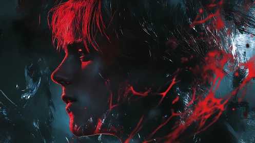 Profile view of person in red light with abstract red forms.