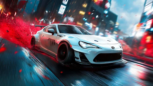 White Toyota sports coupe drifts through neon city streets