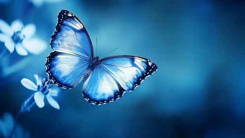 Blue morpho butterfly in cool-toned shallow depth of field.