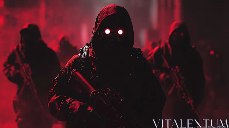 Cyberpunk tactical squad in red monochrome atmospheric haze.