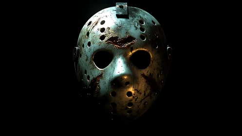 Bloodstained hockey mask glows ominously in black void