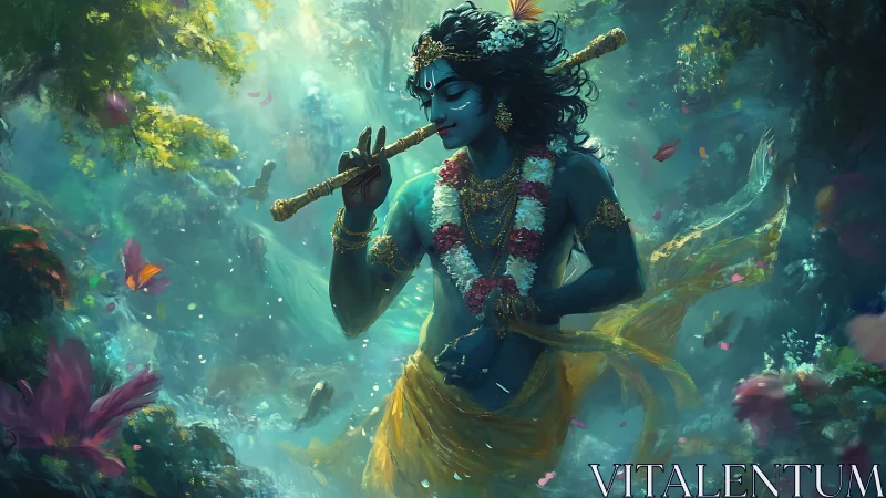 Mythic blue-skinned musician with flute in luminescent forest