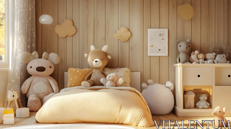Neutral view of plush toys in softly lit child bedroom.