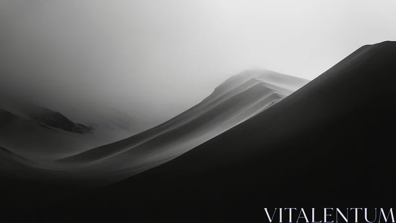 Monochrome sand dunes slope upward through dense desert haze.