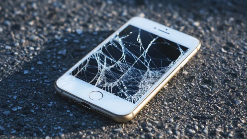 Shattered smartphone screen lies abandoned on pavement.