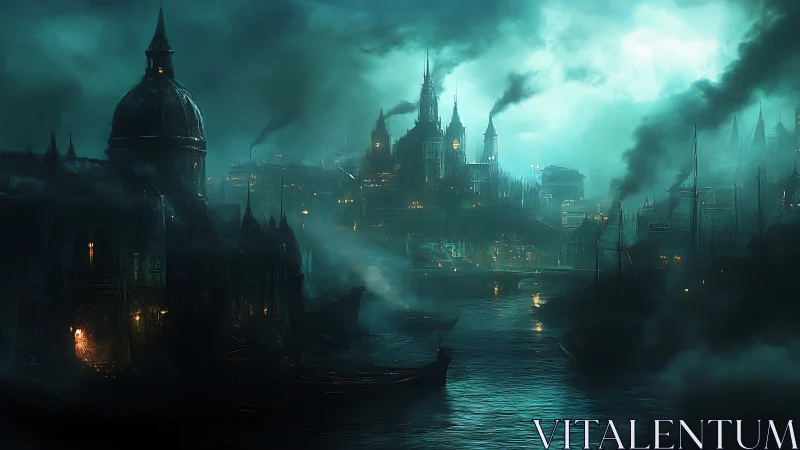 Smoky gothic harbor city under eerie teal moonlight.