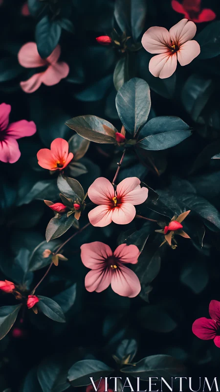 Delicate Pink Blossoms Dancing in Deep Teal Foliage