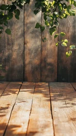 Sunlit leaves paint dancing shadows across rustic planks