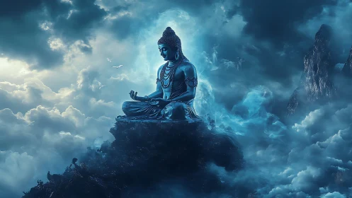 Serene celestial Buddha meditates above dramatic storm clouds.