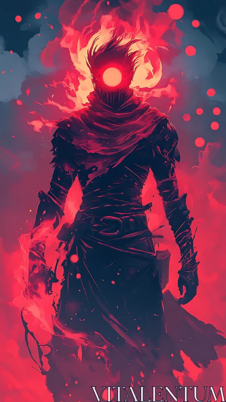 Fiery spectral warrior strides through swirling crimson flame